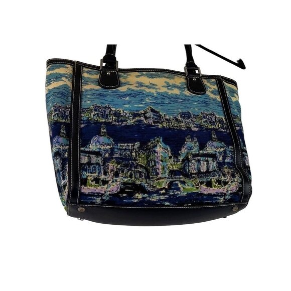 Talbots Tote Bag Venice Waterscape Navy Blue Canvas Brocade Weave Purse - Picture 5 of 12